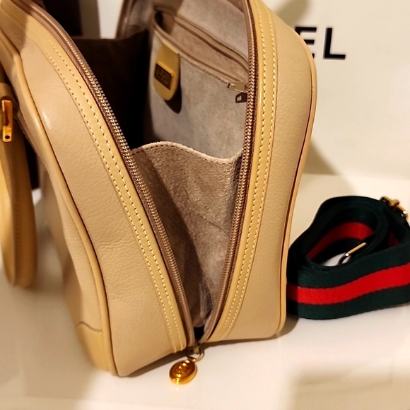 Rare! GUCCI Crossbody Satchel Boston Bag 2-Tone Beige Calfskin +Green Red Strap - Picture 11 of 16
